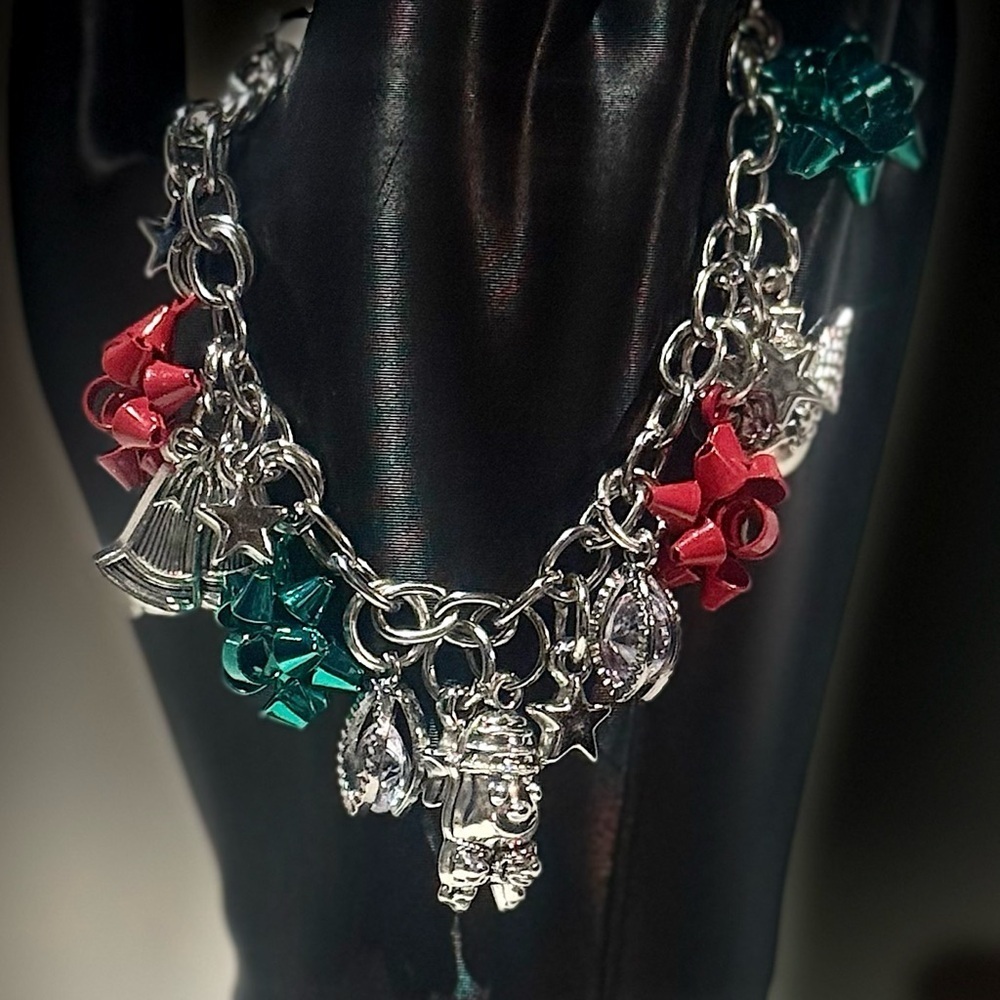 Silver Christmas Charm Bracelet with Red and Green Accents